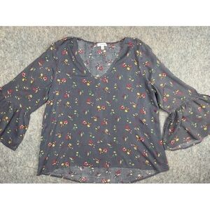 Eyeshadow Blouse Women's Size XL Gray Floral V-Neck Bell Sleeve Pullover Top